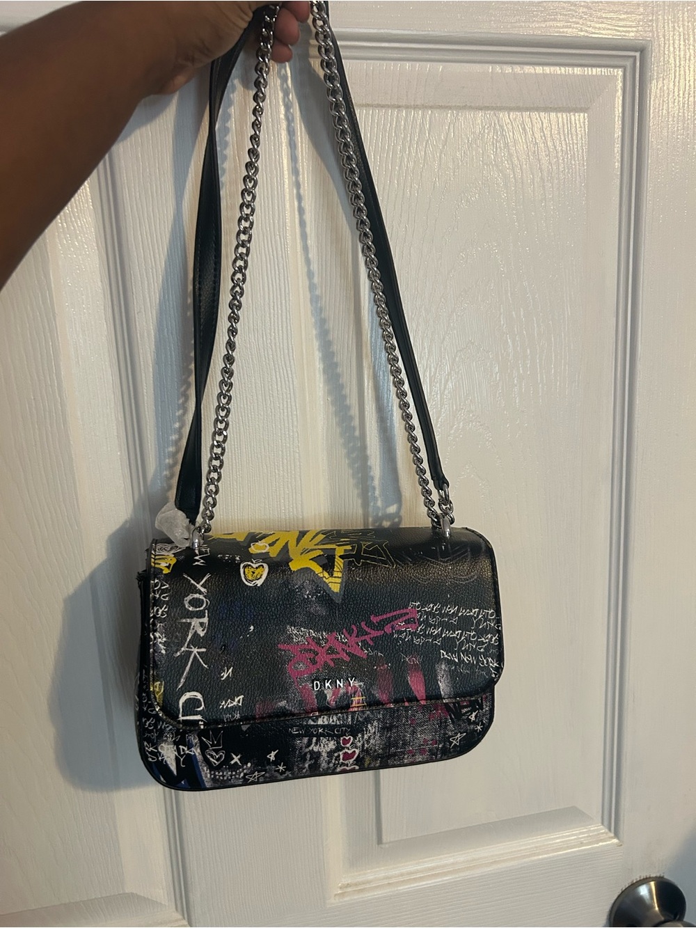 DKNY Black Graffiti Shoulder Bag with Yellow & Pink Accents